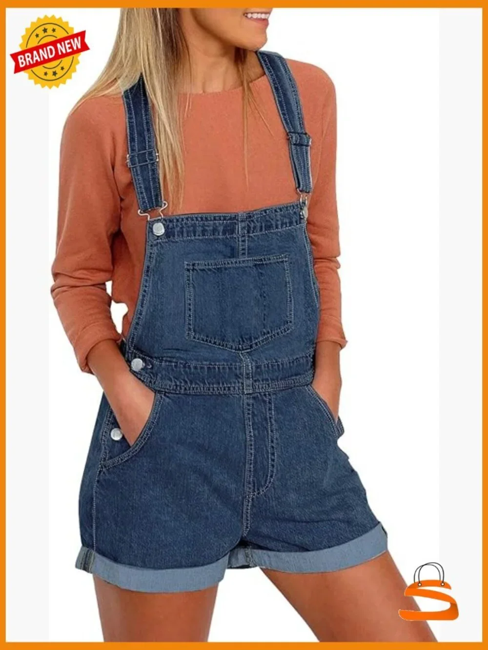 Denim Overall Shorts Romper Adjustable Straps Cuffed Hem